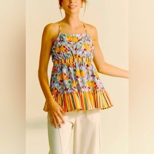 NWT Davi & Dani Floral Smocked Sleeveless Ruffle Back Tie Top
